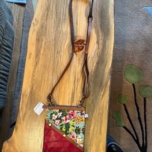 Fun summer bag, red leather and fabric,